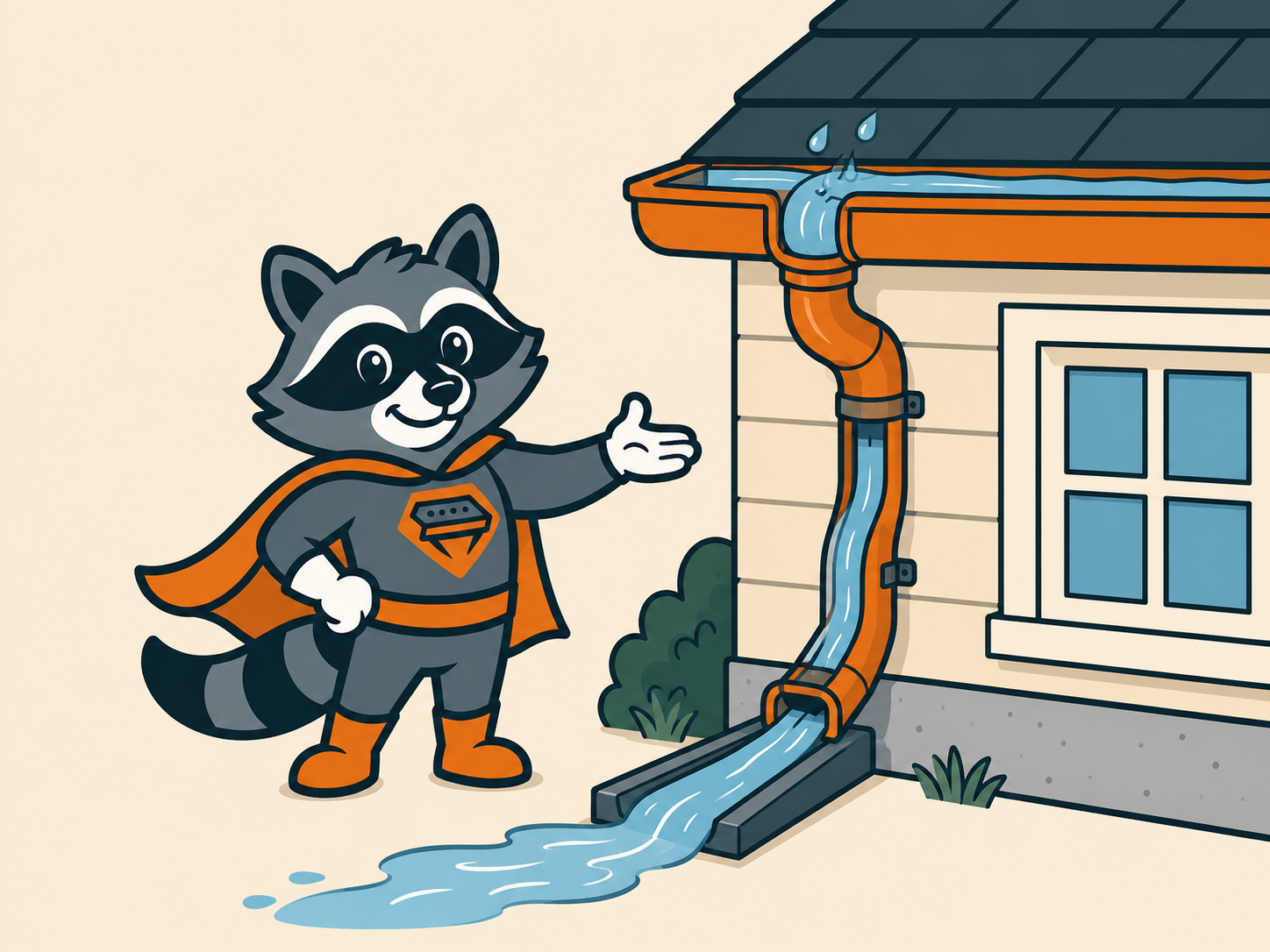 Cartoon of Gary The Gutter Guardian guiding water down a downspout away from a house foundation