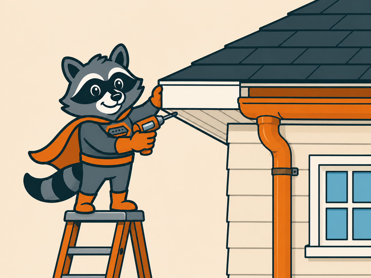 Cartoon of Gary The Gutter Guardian wrapping the fascia board and soffit panel along a roof edge