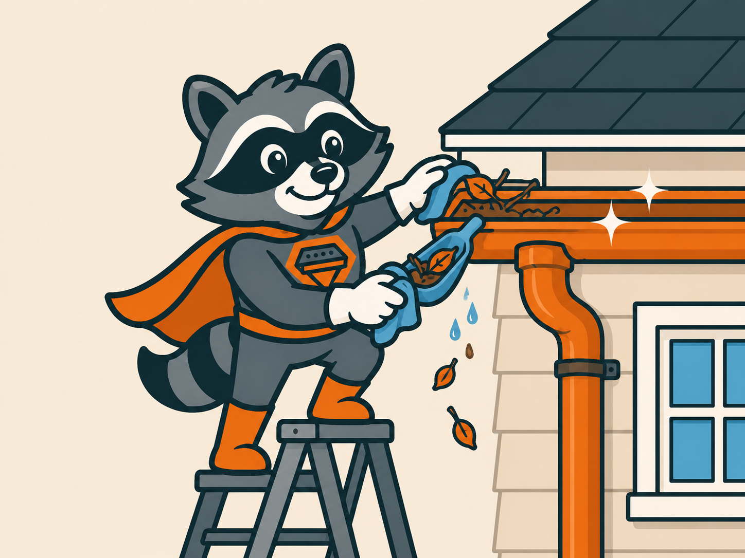 Cartoon of Gary The Gutter Guardian clearing debris from a clean gutter