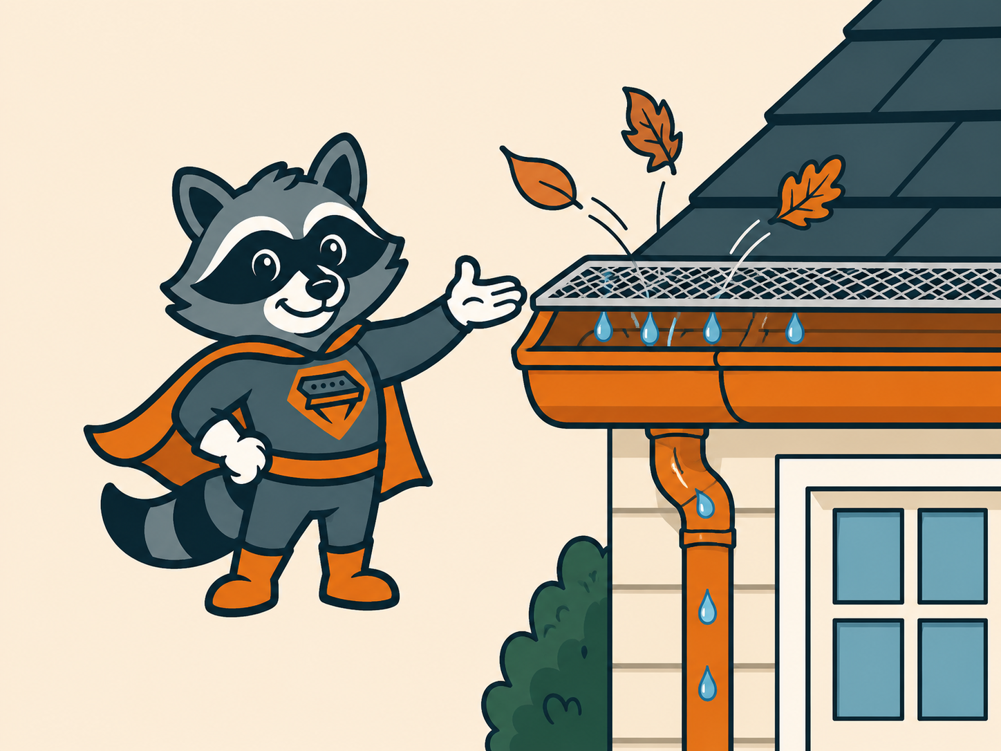 Cartoon of Gary The Gutter Guardian with leaves bouncing off a micro-mesh gutter guard while water passes through