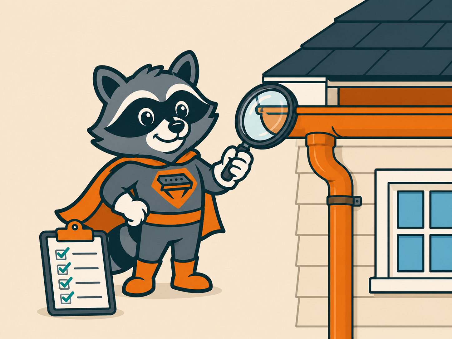 Cartoon of Gary The Gutter Guardian inspecting a gutter with a magnifying glass and checklist