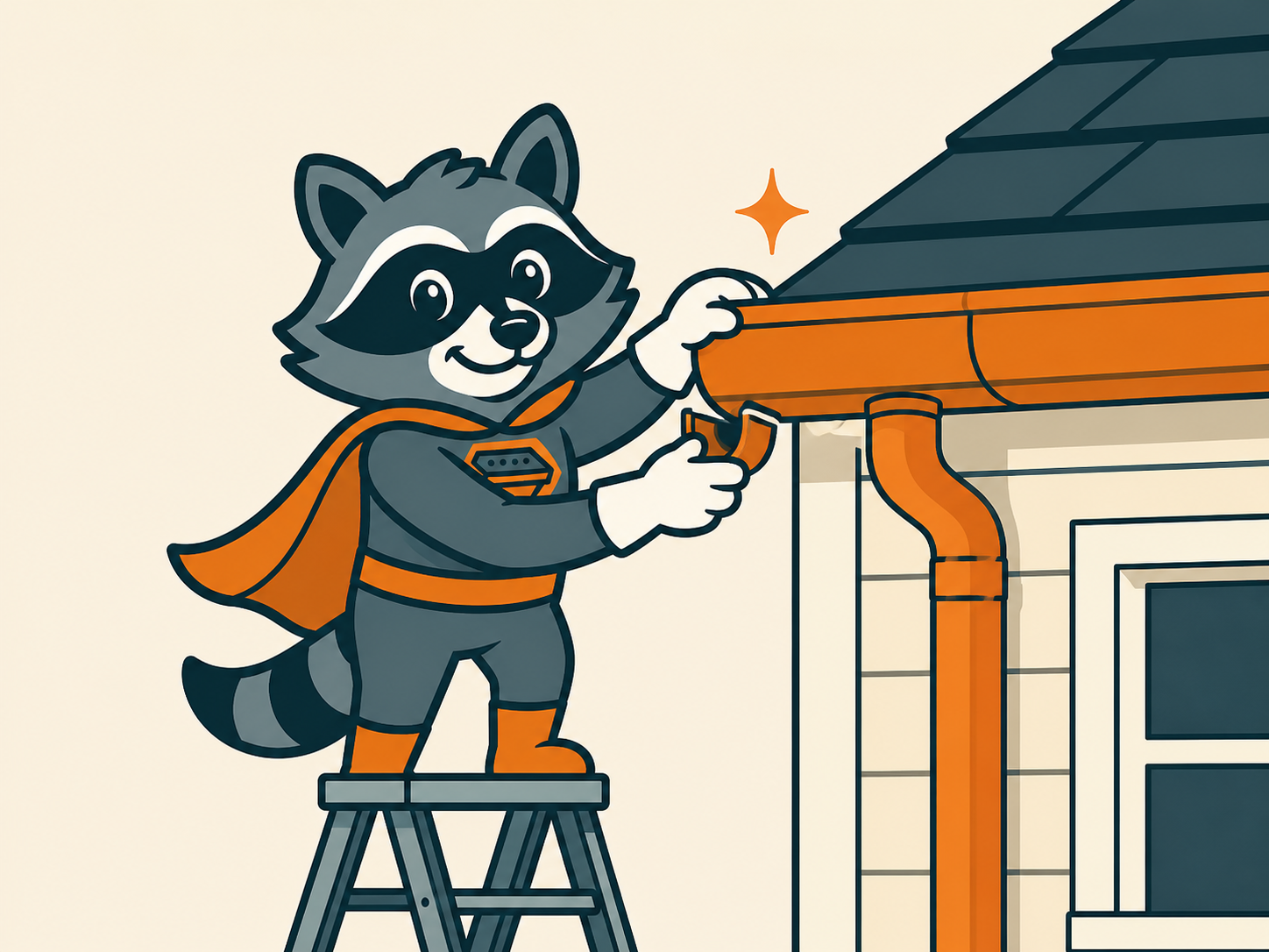 Cartoon of Gary The Gutter Guardian hanging a new seamless gutter on a house