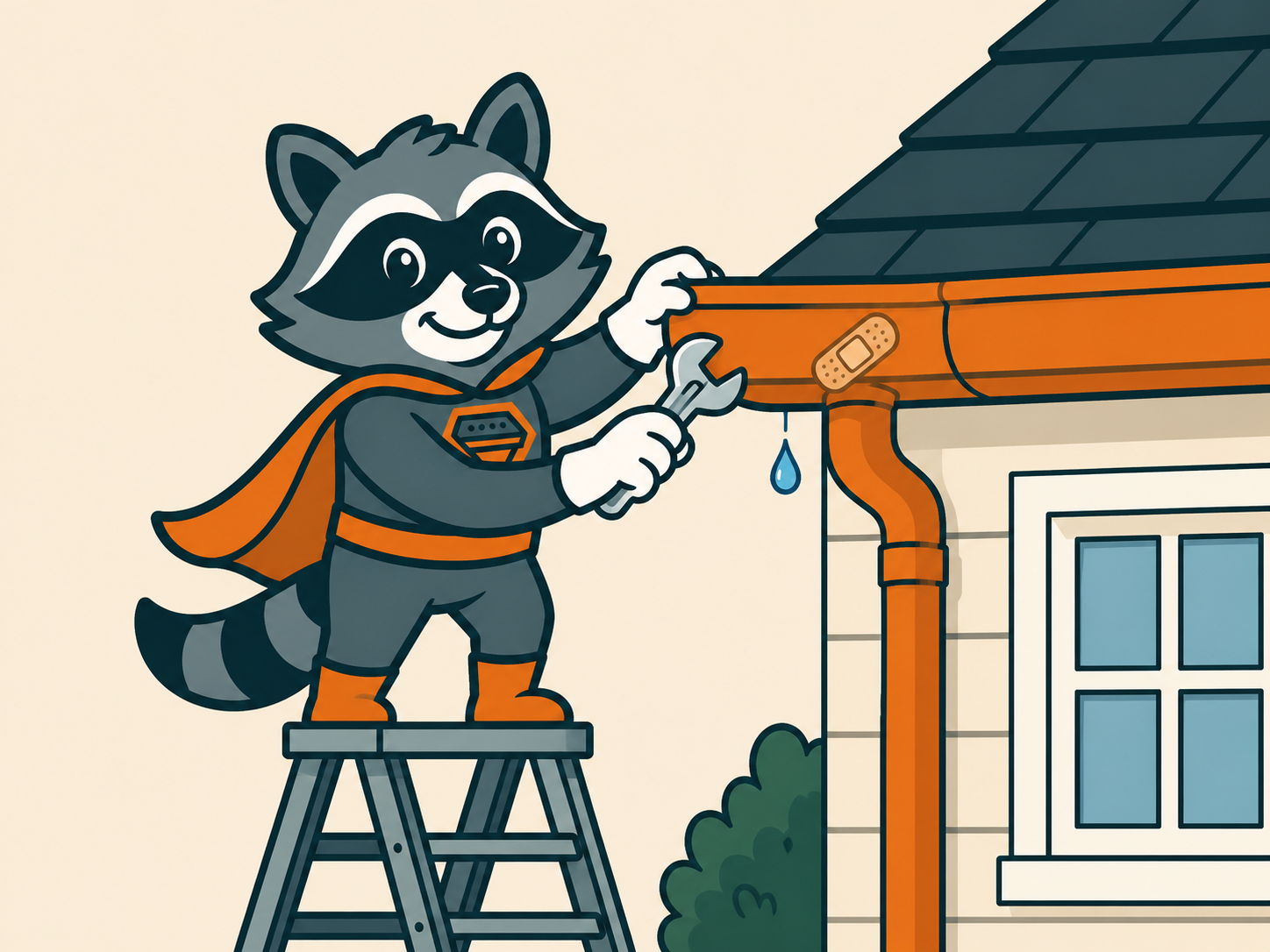Cartoon of Gary The Gutter Guardian repairing a sagging gutter with a wrench