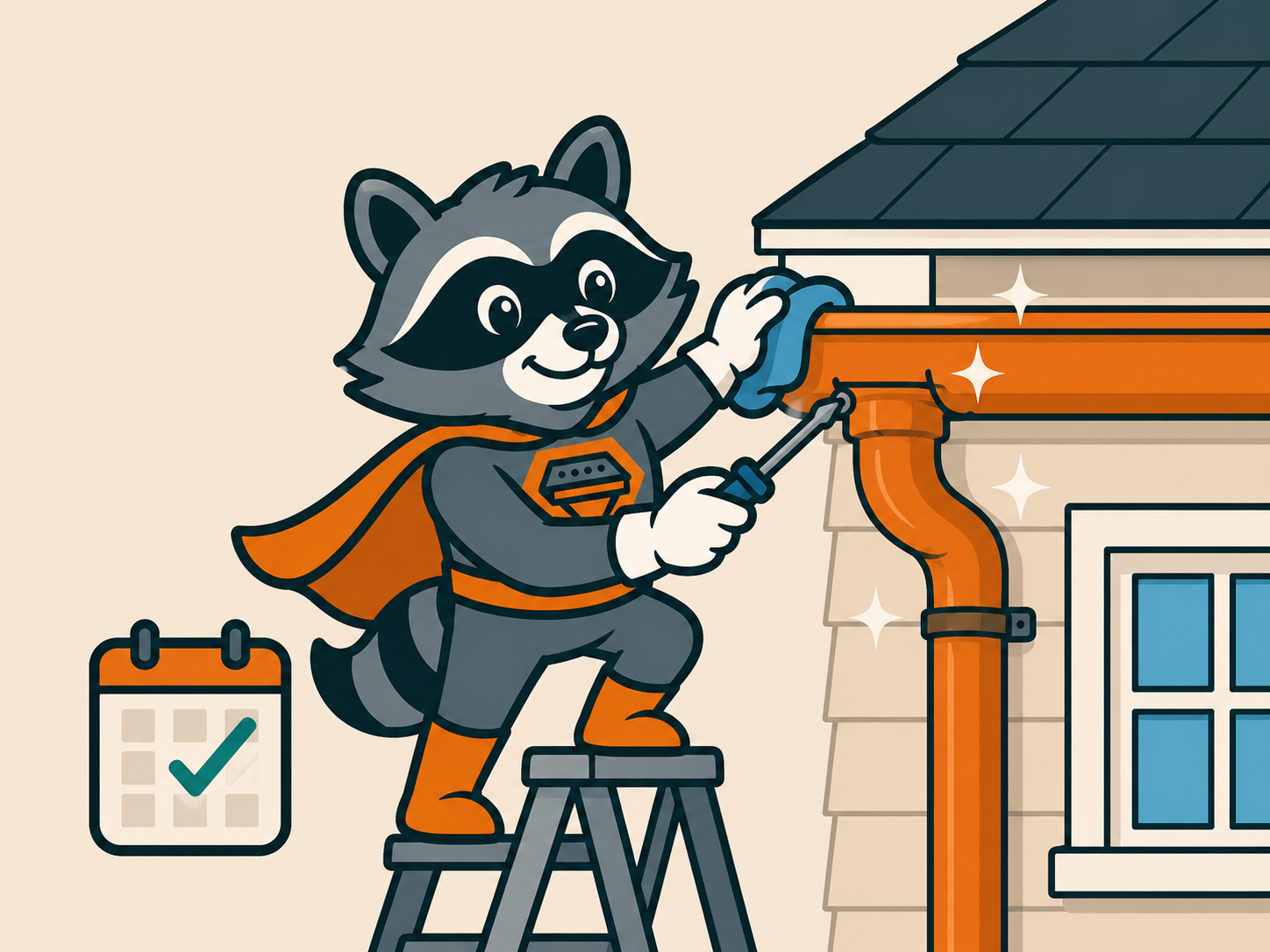 Cartoon of Gary The Gutter Guardian cleaning and tuning up a gutter beside a calendar